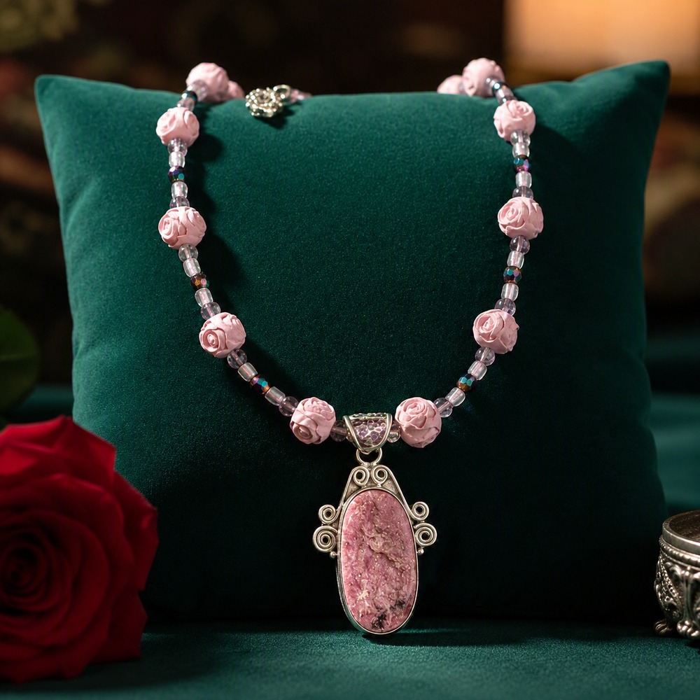 Sterling Silver Pink Druzy Pendant Necklace Carved Rose Beads Artisan Vintage